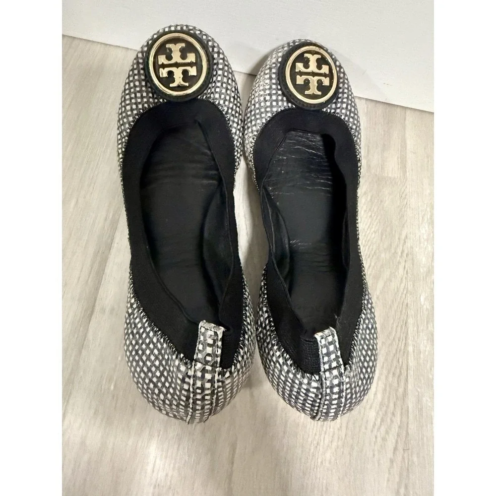 Tory Burch Ballet Flats Black White Patterned Logo Women Size 5M
